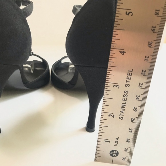 Stuart Weitzman Black Satin Peep Toe Heels Crystal Embellishment T-Strap Sz 5 - Picture 13 of 16